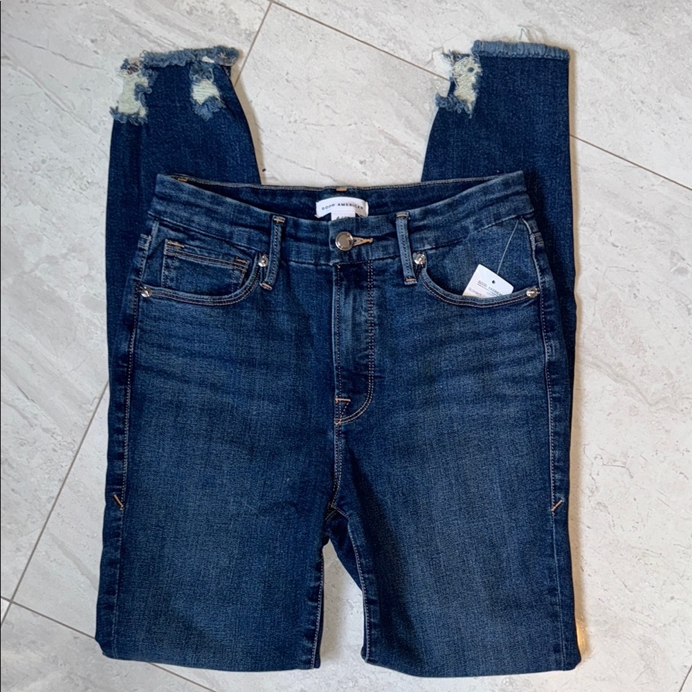 Good American Good Legs Chewed Hem Distressed Dark Blue Jeans